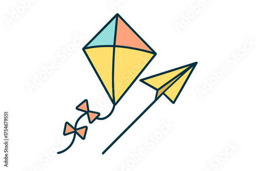 Playful graphic of a traditional diamond kite and a simple paper plane soaring upward