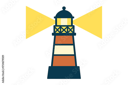 Striped lighthouse structure emitting bright light beams for maritime navigation and safety