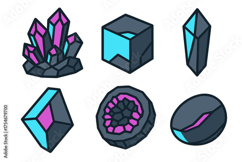 Six futuristic dark crystals and glowing geometric fantasy gems for game assets collection