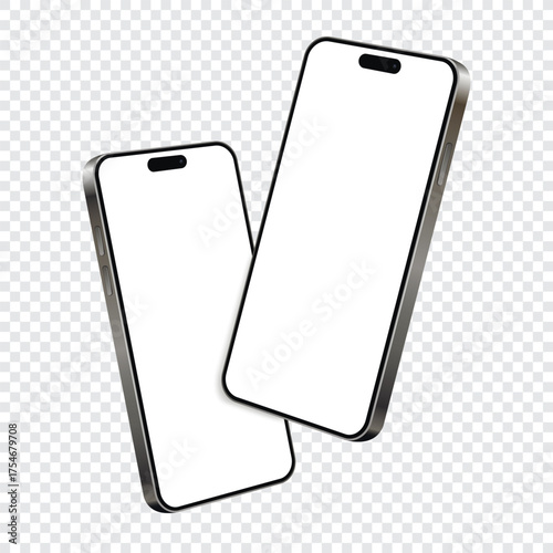 Two smartphones mockup with blank screens while levitating in the air on transparency grid layer