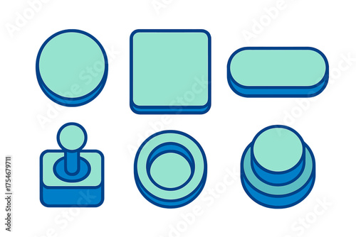 Abstract set of six geometric shapes and user interface elements including buttons and a joystick