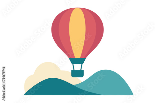 Vibrant hot air balloon flying high above green rolling hills and white fluffy clouds
