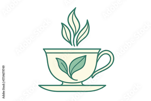 Elegant teacup on a saucer with stylized green leaves and rising steam