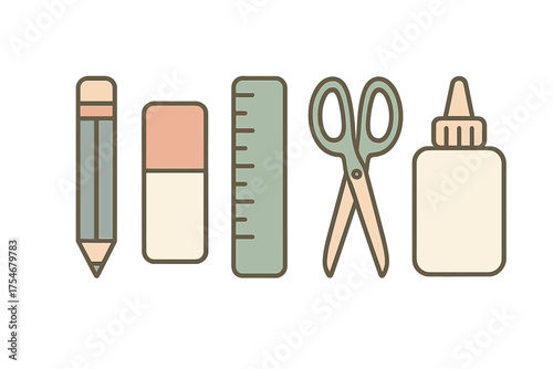 Row of essential school and office supplies including pencil, eraser, ruler, scissors, and glue