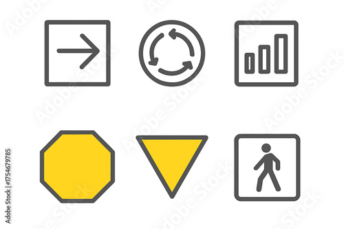 Outline and filled icons for web design, traffic warnings, data visualization, and navigation symbols
