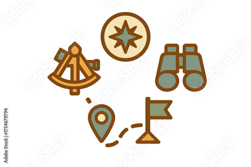 Essential navigation and exploration tools including sextant, compass rose, binoculars, and route markers
