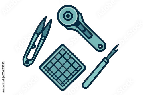 Flat lay arrangement of essential quilting and sewing tools: rotary cutter, thread snips, and seam ripper