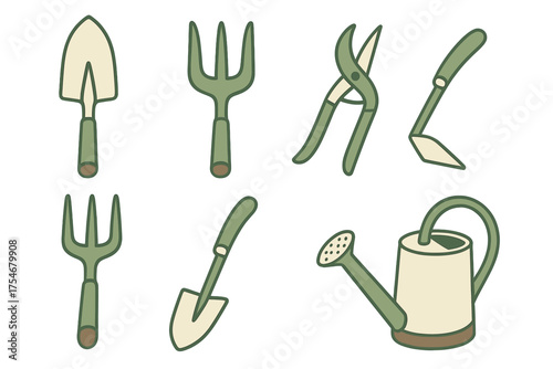 Collection of essential gardening tools including trowels, hand forks, pruning shears, hoe, and watering can