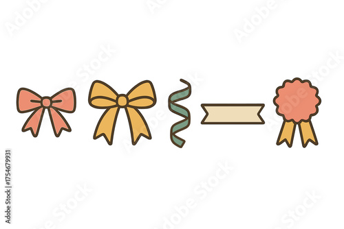 Cute decorative set of gift bows, curled ribbon, horizontal banner, and rosette badge