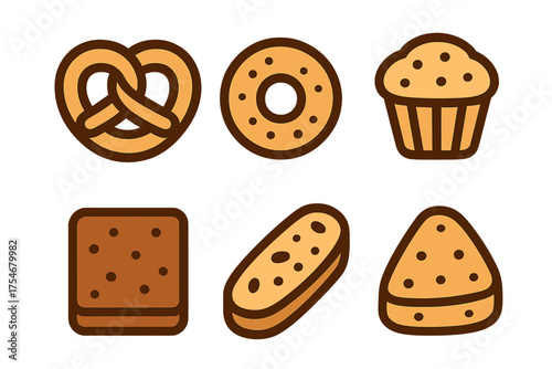 Assortment of baked goods and snacks including pretzel, donut, muffin, and biscuits