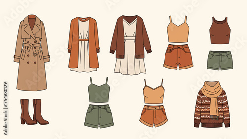 Autumn Women's Fashion Outfits. Cozy Clothing Collection with Trench Coat, Dresses, Shorts, Boots, and Sweater. Earth Tones, Flat Illustration.