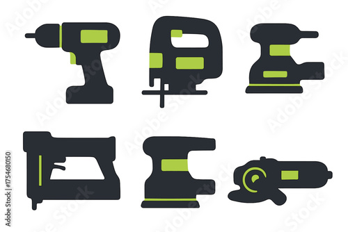 Set of six essential electric power tools for construction and home improvement projects