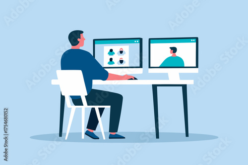 Man working at a desk with two computer monitors showing video calls and online meetings