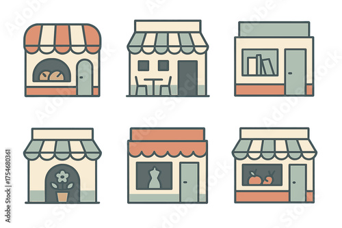 Six colorful storefront facades representing various retail businesses including bakery and bookstore