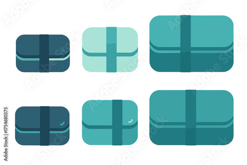 Six minimalist bento lunch boxes in various sizes and shades of blue and teal