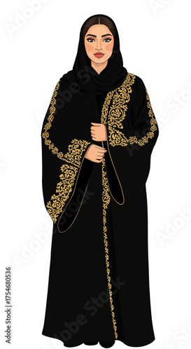 A modest Muslim woman wearing a traditional black abaya with gold embroidery
