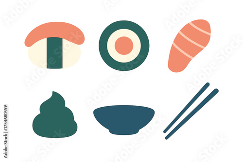 Minimalist set of Japanese sushi food items, nigiri, maki, wasabi, and dining chopsticks