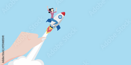 Woman riding a rocket launched by a hand celebrating success and progress
