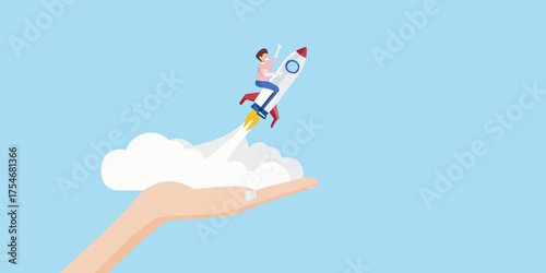 Person riding a rocket launching from a hand with clouds and blue sky background