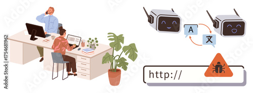 Two professionals working at desks with computers, discussing cybersecurity and AI translation symbols thumbs up bots, language conversion, and error warnings. Ideal for tech, cybersecurity, AI