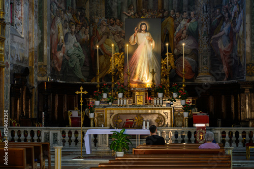The Altar with the Divine Mercy image in Chiesa di Santo Spirito in Sassia [Church of the Holy Spirit in the Saxon District] in Rome, Italy.