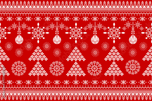 Christmas cardigan with loops of knitted design as the highlight. Seamless Christmas pattern. Winter snow with trees. Merry Christmas.