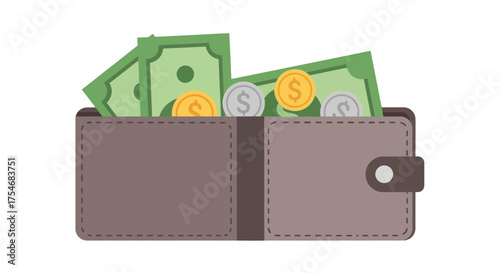 Brown leather wallet overflowing with green dollar bills and shiny coins.