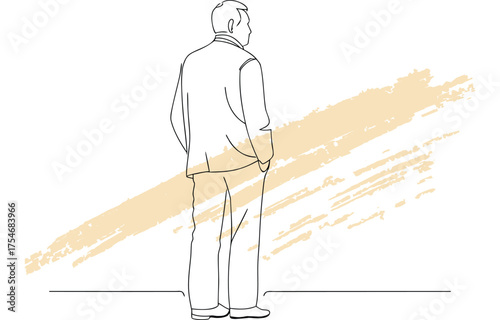 Minimalist single line drawing a man in a suit standing with hands in pockets vector
