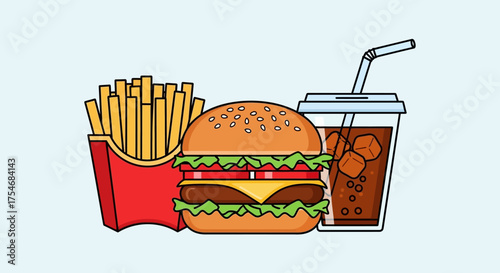 Classic Fast Food Combo Meal with Burger Fries and Soda.