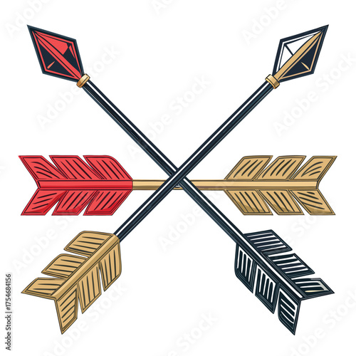 Four crossed arrows with decorative tips and fletching arranged in an X shape.