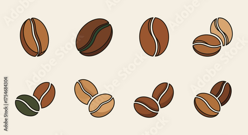 Collection of various roasted coffee beans in different shades and arrangements.