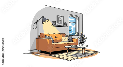 Cozy living room interior with comfortable sofa and modern decor.