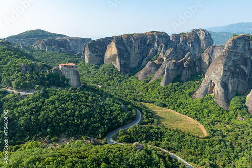 Panoramic view over the winding road through Meteora in Greece in summer