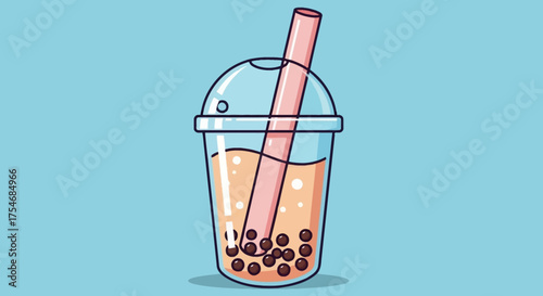 Delicious Bubble Tea with Tapioca Pearls and Pink Straw.
