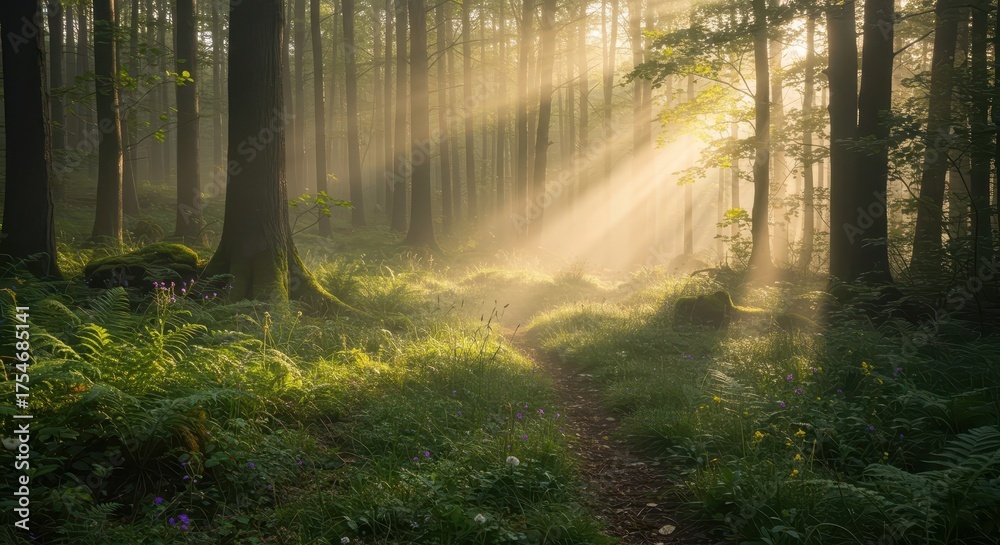 Obraz premium Sunbeams filter through a lush forest with a winding path.