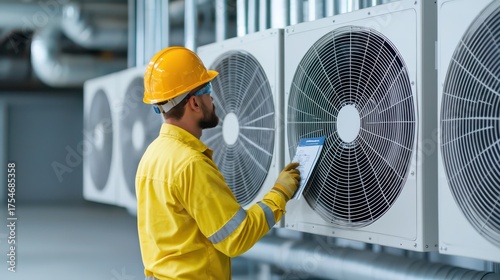 Maintenance worker with tablet inspecting air conditioning fans