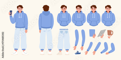 Character design kit for a young man in blue hoodie and light pants with various poses and accessories