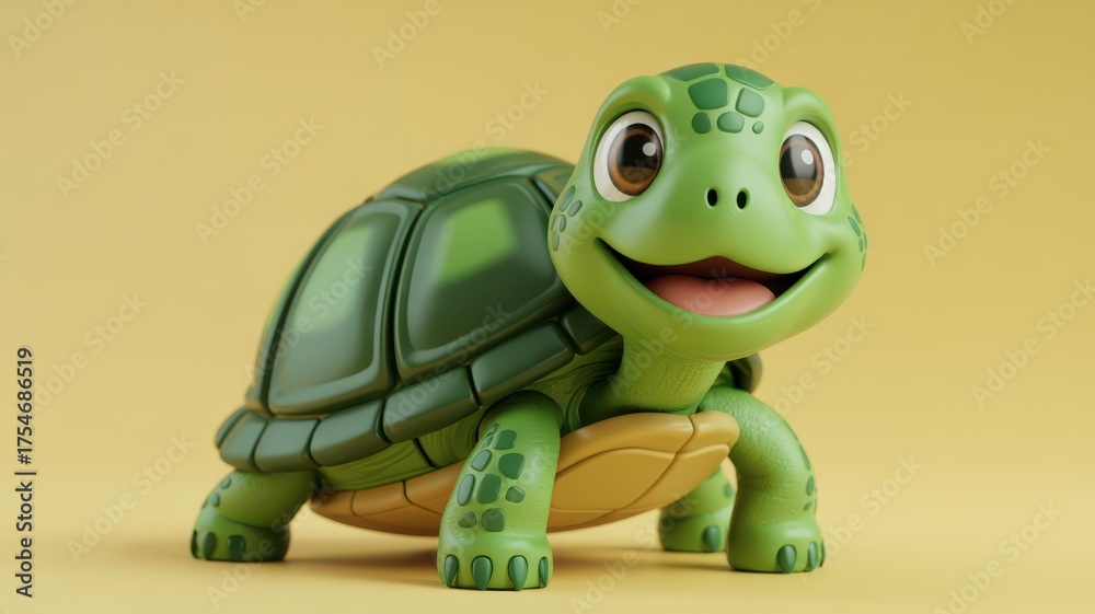 Fototapeta premium Charming 3D Rendered Cartoon Turtle Toy With Friendly Smile And Big Eyes