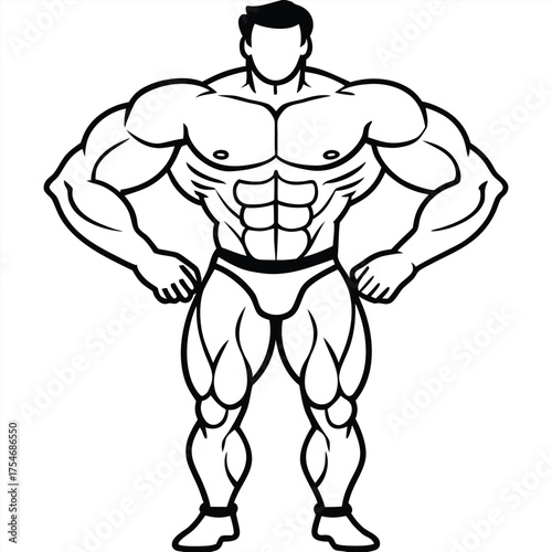Stylized black and white illustration of a muscular bodybuilder flexing his powerful physique with defined abs and legs