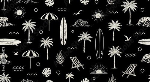 Hand-drawn endless summer doodle pattern on a black background. Seamless vector illustration of tropical beach life with surfing and palm trees