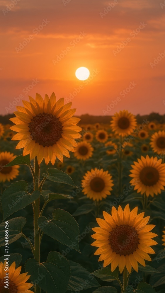 Fototapeta premium Sunflowers glowing under sunset.