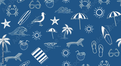 Seamless pattern of hand-drawn summer beach icons. Vector illustration of vacation symbols like sun, palm tree, and surfboard on a blue background