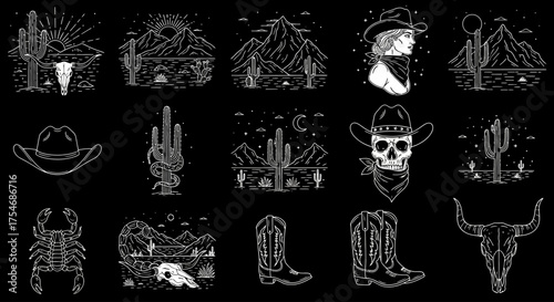 Wild West monochrome line art collection. A vintage set of desert symbols including cowboy hat, skull, cactus, and mountain landscapes
