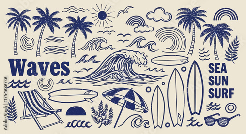 Vintage hand-drawn illustrations of surfing and tropical beach life. A graphic set of ocean waves, palm trees, and summer vacation icons