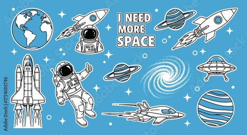 A creative set of monochrome space exploration stickers and patches, featuring an astronaut, rockets, planets, and a galaxy on a blue background