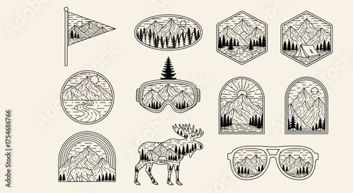 Set of monochrome mountain landscape and outdoor adventure emblems. Wilderness travel and camping linear vector graphic icons for design