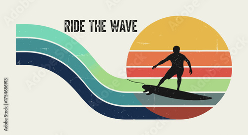 Silhouette of a surfer on a surfboard against a vibrant, retro-striped sunset and wave design for summer sports themes