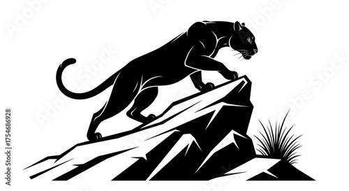Black panther silhouette on mountain peak, powerful cougar mascot logo on white background, predatory wild cat hunting on rocky cliff edge