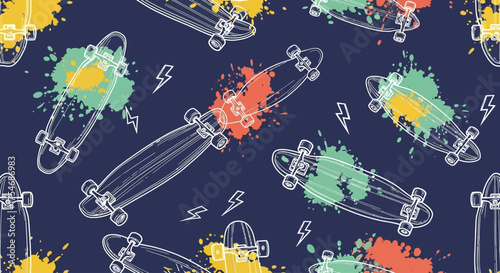 Vector background with sketched longboards and bright paint splashes. A cool urban youth culture repeating pattern design