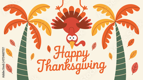 happy thanksgiving cartoon turkey hanging upside down with palm trees, autumn leaves, playful festive design for seasonal celebration